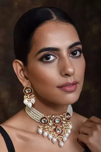 Red Gold Tone Polki Pearl Necklace Set
