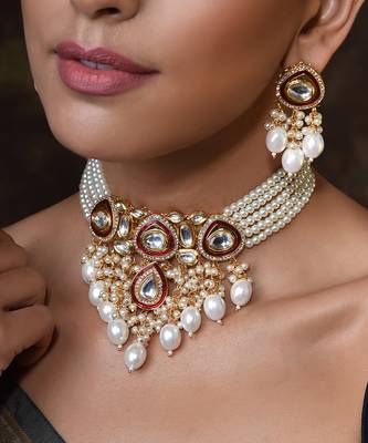 Red Gold Tone Polki Pearl Necklace Set 3
