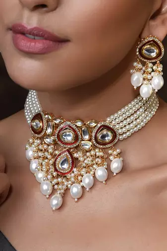 Red Gold Tone Polki Pearl Necklace Set