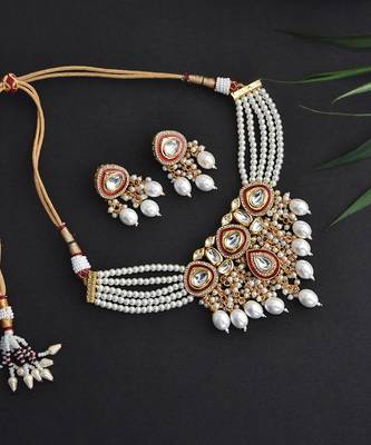 Red Gold Tone Polki Pearl Necklace Set 4