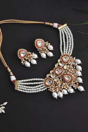 Red Gold Tone Polki Pearl Necklace Set
