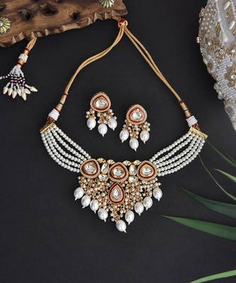 Red Gold Tone Polki Pearl Necklace Set 5