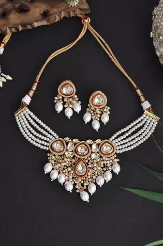 Red Gold Tone Polki Pearl Necklace Set