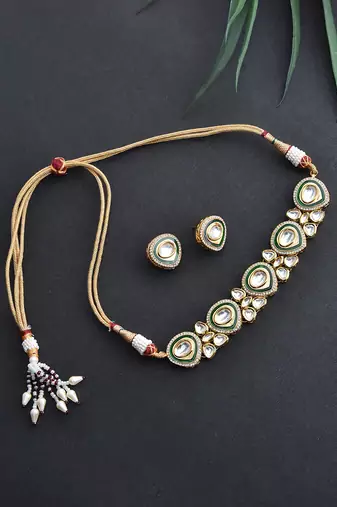 Green Gold Tone Kundan Choker Necklace Set