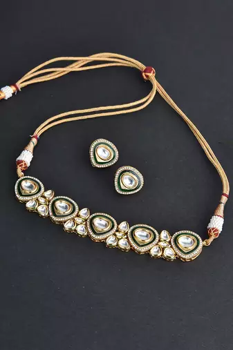Green Gold Tone Kundan Choker Necklace Set