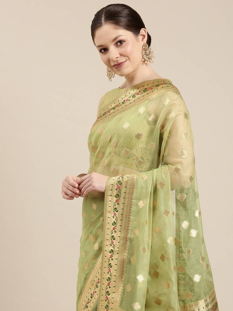 Banarasi , Kora Organza Saree - Lime x Pink