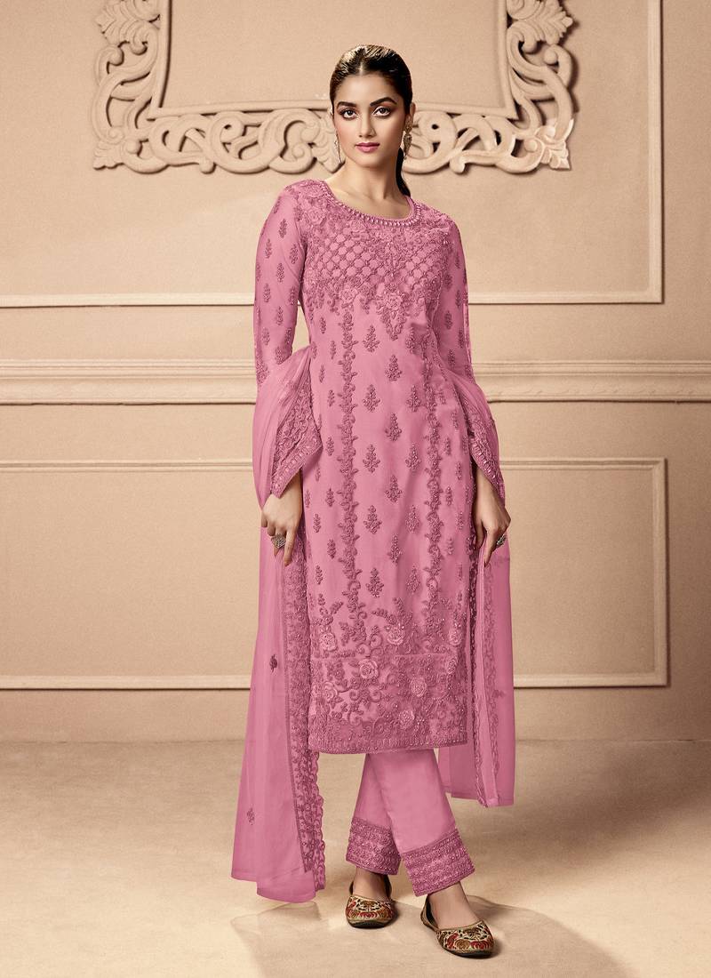 Pink Net Straight Suit