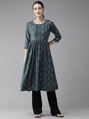 Dark-green printed cotton ethnic-kurtis 1