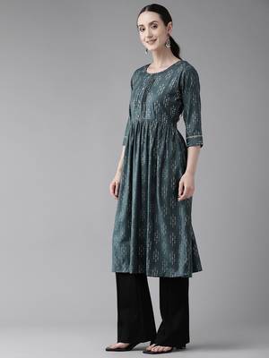 Dark-green printed cotton ethnic-kurtis 2