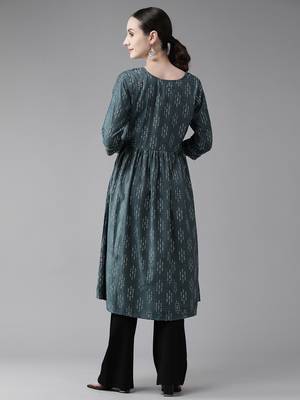 Dark-green printed cotton ethnic-kurtis 3