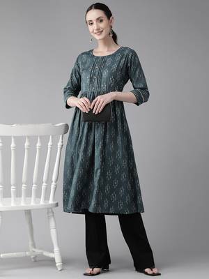 Dark-green printed cotton ethnic-kurtis 4
