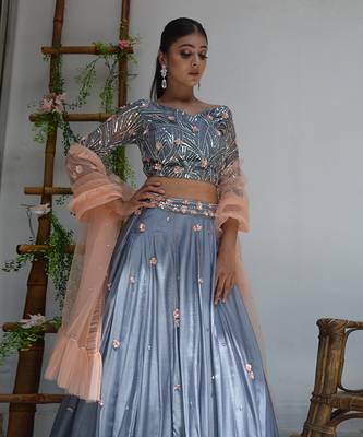 Grey And Peach Floral Lehenga 2