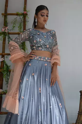 Grey And Peach Floral Lehenga