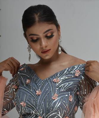 Grey And Peach Floral Lehenga 3