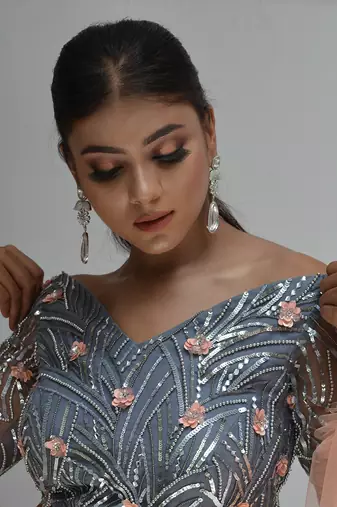 Grey And Peach Floral Lehenga