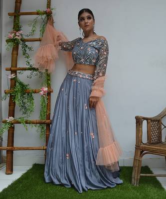 Grey And Peach Floral Lehenga 1