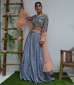 Grey And Peach Floral Lehenga