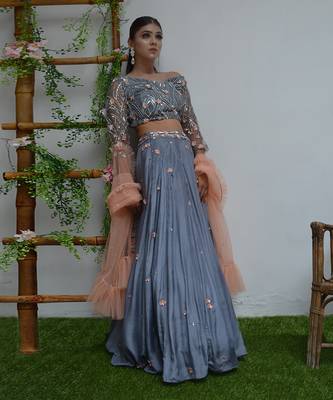 Grey And Peach Floral Lehenga 4