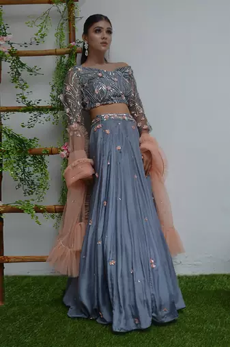 Grey And Peach Floral Lehenga