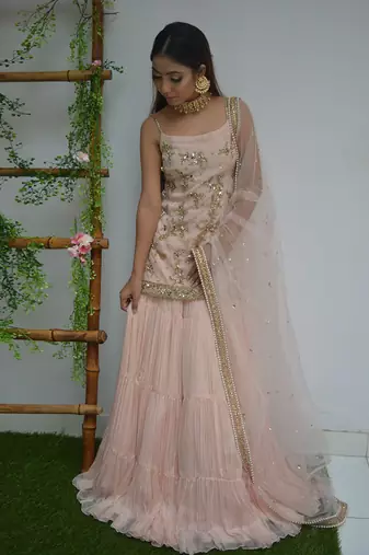 Shell Pink Pleated Lehenga Set