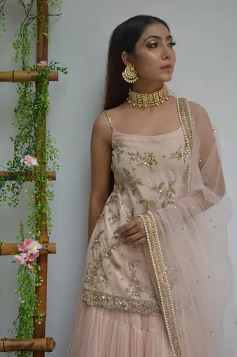Shell Pink Pleated Lehenga Set
