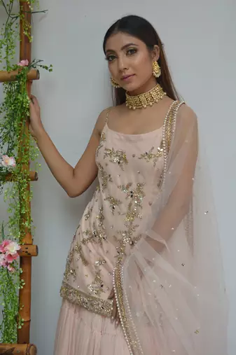 Shell Pink Pleated Lehenga Set