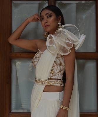 Ivory Ruffle Saree 3