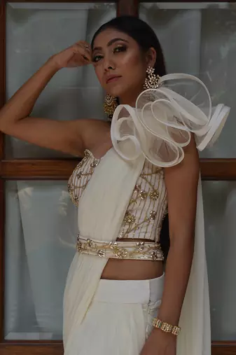 Ivory Ruffle Saree