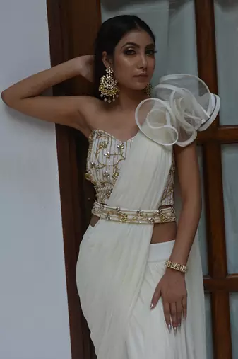 Ivory Ruffle Saree