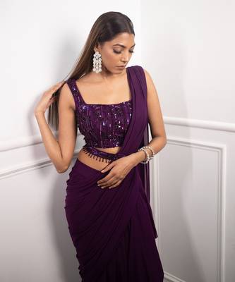 Deep Aubergine Drape Saree 4