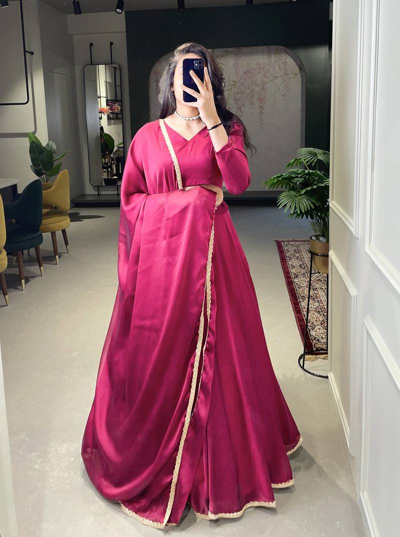 Rani Pink Color Rangoli Silk with Plain & Lace Border Work Lehenga Choli