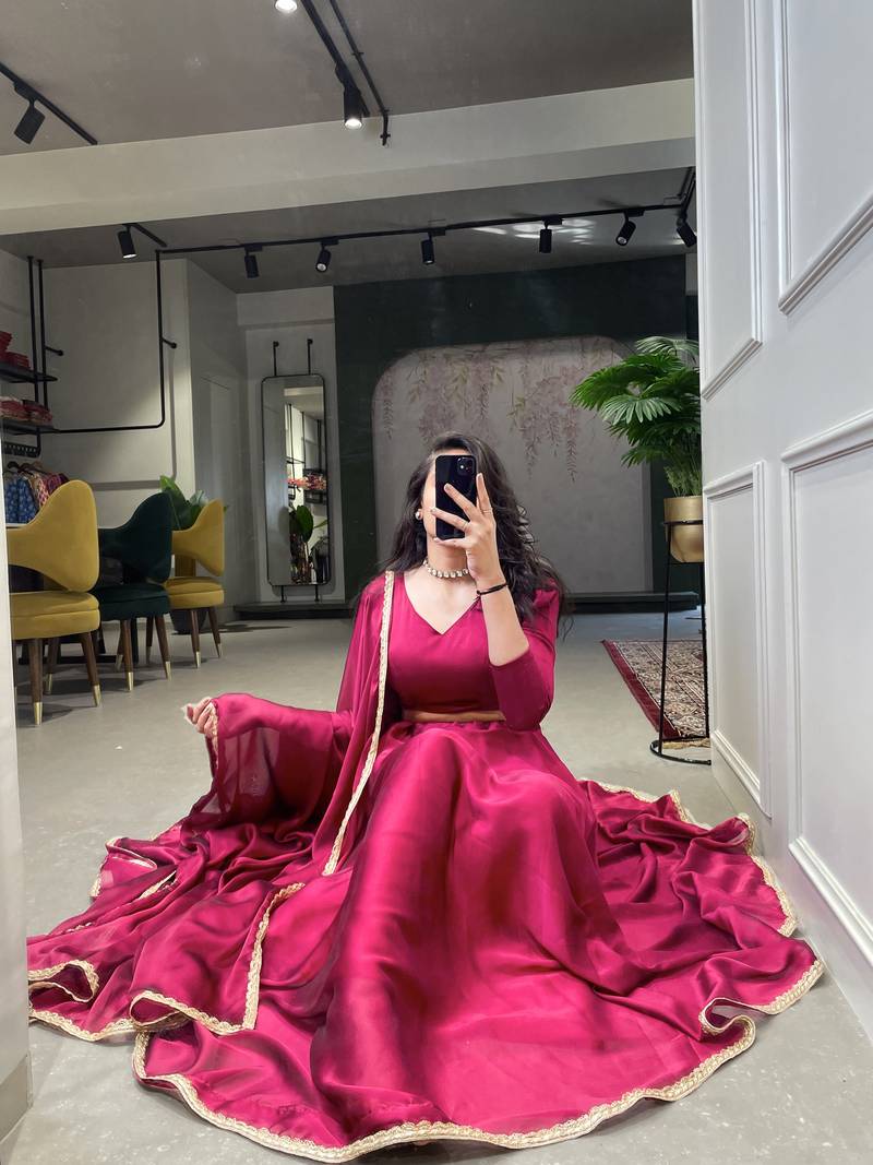 Rani Pink Color Rangoli Silk with Plain & Lace Border Work Lehenga Choli