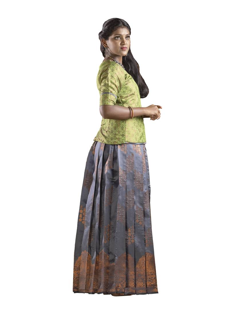 Shivangi Kids Grey Mayura Pattu Pavadai Set | lehenga !!!