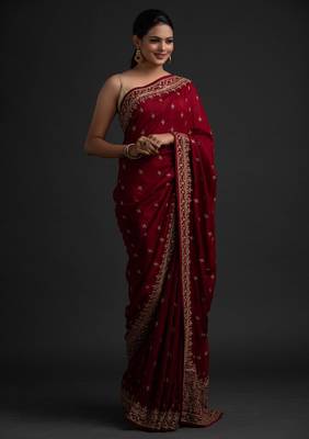 MESMERIZING MAROON DORI AND SEQUINS EMBROIDERED ART SILK PARTY WEAR BRIDAL WEDDING FESTIVAL SAREE 1