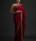 MESMERIZING MAROON DORI AND SEQUINS EMBROIDERED ART SILK PARTY WEAR BRIDAL WEDDING FESTIVAL SAREE