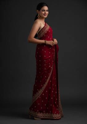 MESMERIZING MAROON DORI AND SEQUINS EMBROIDERED ART SILK PARTY WEAR BRIDAL WEDDING FESTIVAL SAREE 3