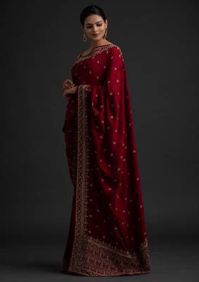 MESMERIZING MAROON DORI AND SEQUINS EMBROIDERED ART SILK PARTY WEAR BRIDAL WEDDING FESTIVAL SAREE 4
