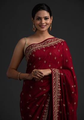 MESMERIZING MAROON DORI AND SEQUINS EMBROIDERED ART SILK PARTY WEAR BRIDAL WEDDING FESTIVAL SAREE 5