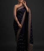 DELIGHTFUL NAVY BLUE DORI AND SEQUINS EMBROIDERED ART SILK PARTY WEAR BRIDAL WEDDING FESTIVAL SAREE
