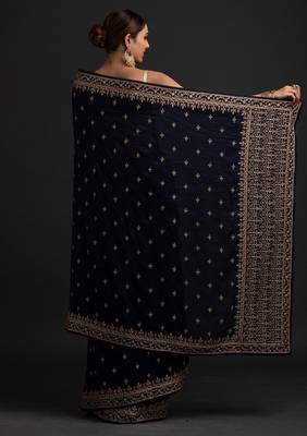 DELIGHTFUL NAVY BLUE DORI AND SEQUINS EMBROIDERED ART SILK PARTY WEAR BRIDAL WEDDING FESTIVAL SAREE 2