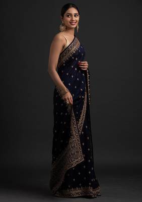 DELIGHTFUL NAVY BLUE DORI AND SEQUINS EMBROIDERED ART SILK PARTY WEAR BRIDAL WEDDING FESTIVAL SAREE 3