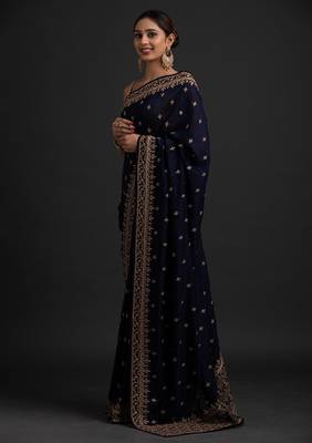 DELIGHTFUL NAVY BLUE DORI AND SEQUINS EMBROIDERED ART SILK PARTY WEAR BRIDAL WEDDING FESTIVAL SAREE 4