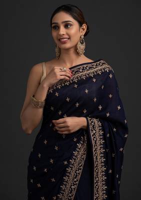 DELIGHTFUL NAVY BLUE DORI AND SEQUINS EMBROIDERED ART SILK PARTY WEAR BRIDAL WEDDING FESTIVAL SAREE 5