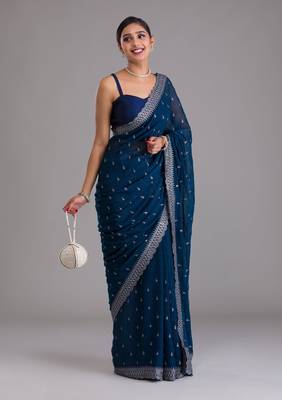 ENCHANTING TURQUOISE BLUE DORI AND SEQUINS EMBROIDERED ART SILK PARTY WEAR BRIDAL WEDDING FESTIVAL SAREE 1