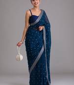 ENCHANTING TURQUOISE BLUE DORI AND SEQUINS EMBROIDERED ART SILK PARTY WEAR BRIDAL WEDDING FESTIVAL SAREE