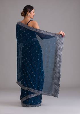 ENCHANTING TURQUOISE BLUE DORI AND SEQUINS EMBROIDERED ART SILK PARTY WEAR BRIDAL WEDDING FESTIVAL SAREE 2