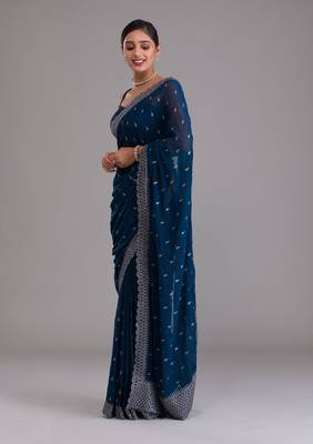 ENCHANTING TURQUOISE BLUE DORI AND SEQUINS EMBROIDERED ART SILK PARTY WEAR BRIDAL WEDDING FESTIVAL SAREE 3