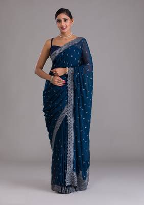 ENCHANTING TURQUOISE BLUE DORI AND SEQUINS EMBROIDERED ART SILK PARTY WEAR BRIDAL WEDDING FESTIVAL SAREE 4