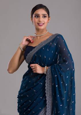 ENCHANTING TURQUOISE BLUE DORI AND SEQUINS EMBROIDERED ART SILK PARTY WEAR BRIDAL WEDDING FESTIVAL SAREE 5