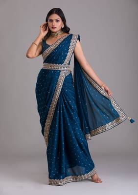 MESMERIZING TURQUOISE BLUE DORI AND SEQUINS EMBROIDERED ART SILK PARTY WEAR BRIDAL WEDDING FESTIVAL SAREE 1